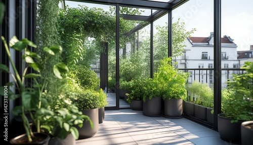 A compact modern balcony greenhouse filled with vegetables and herbs, ideal for small-space urban gardening, seasonal growing, and sustainable home food production