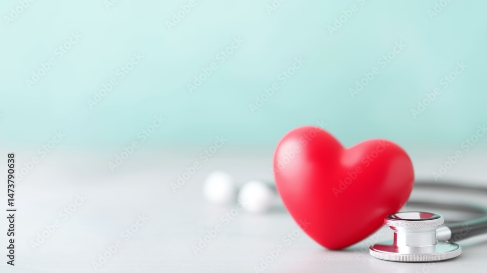 Fototapeta premium A vivid red heart symbolizing care alongside a stethoscope and calming background.
