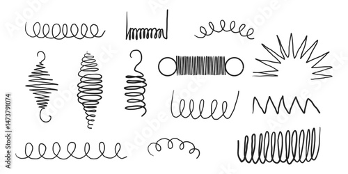 Spiral metal coil wire doodle hand drawn bounce steel curve line spring. Set vape metallic flexible coils. Steel motor spiral 