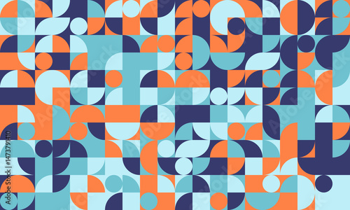 Vibrant geometric abstract background.  Midcentury modern style pattern featuring teal, orange, and navy blue shapes. Ideal for website banners, social media, or textile designs.
