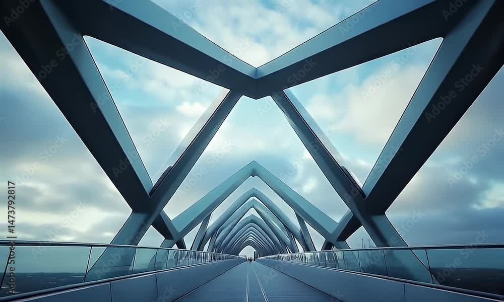 Modern bridge's geometric design stretches toward a cloudy sky, creating a sense of perspective and spaciousness Modern bridge's geometric design stretches toward a cloudy sky, creating a sense of perspective and spaciousness