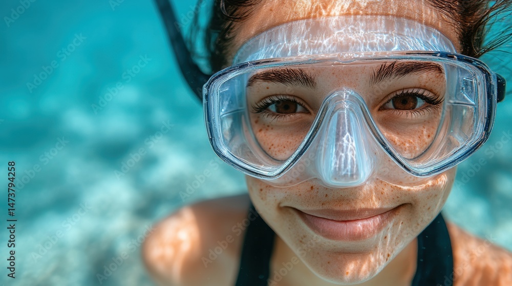 Naklejka premium Smiling woman with goggles in clear blue water swimming joyful underwater adventure in turquoise aquatic background