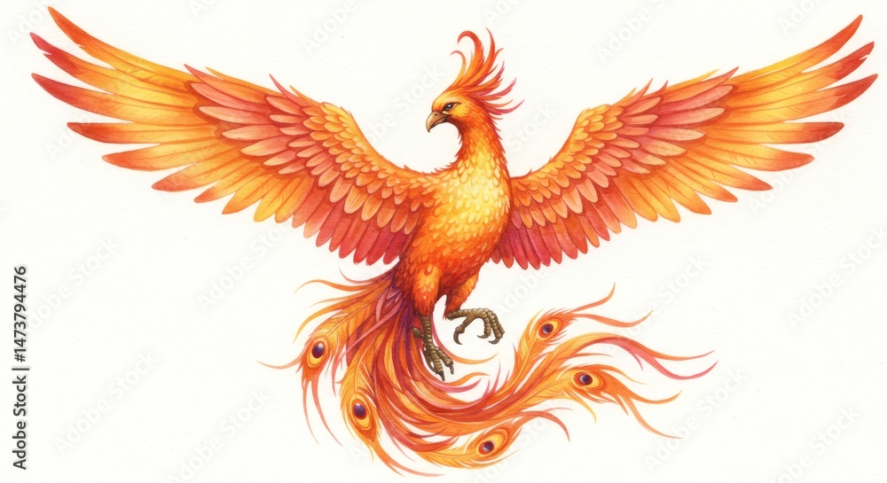 Obraz premium Fiery phoenix rising wings widespread