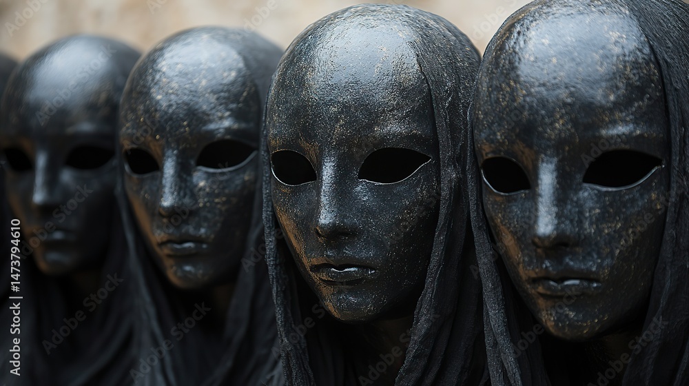 Obsidian masks conceal the identities of participants in a mysterious ritual, adding an air of intrigue and anonymity, a feeling of secrecy and the unknown Obsidian masks conceal the identities of participants in a mysterious ritual, adding an air of intrigue and anonymity, a feeling of secrecy and the unknown