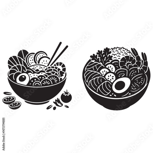 poke bowl collection. Salmon, cucumber, tomato, egg, shrimp and other vector