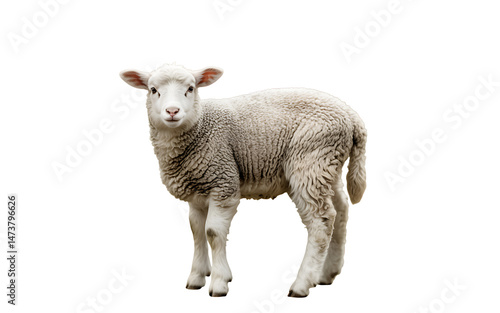 Adorable lamb standing with its fur intact and looking directly towards the viewer against a white background