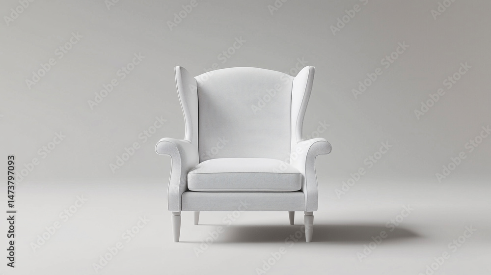 Fototapeta premium A modern white armchair with wooden legs stands against a gray background.