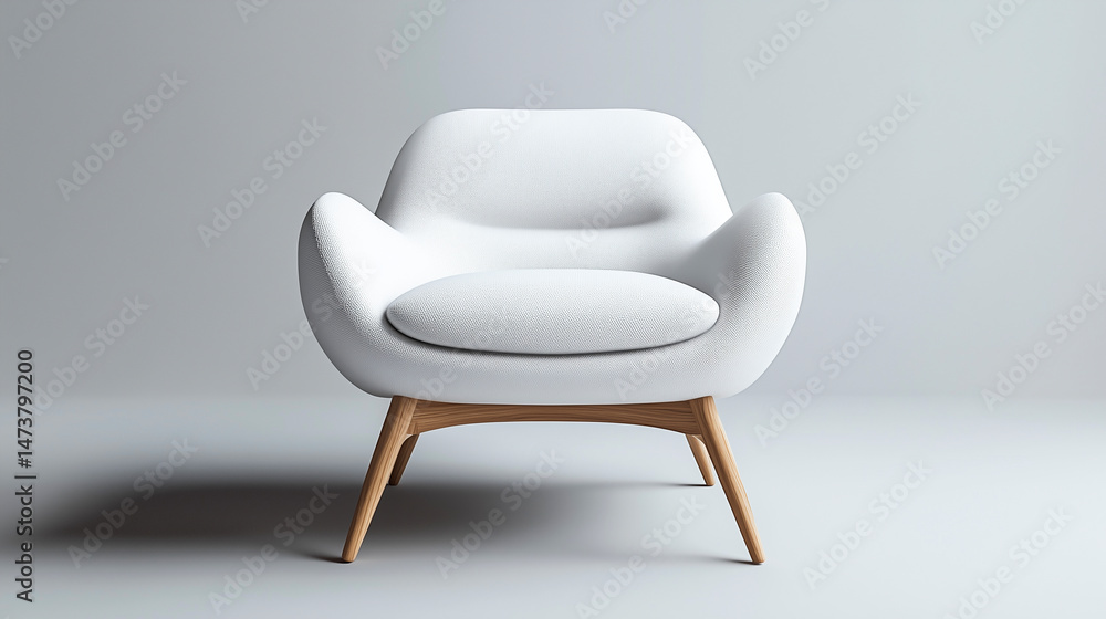 Fototapeta premium A modern white armchair with wooden legs stands against a gray background.