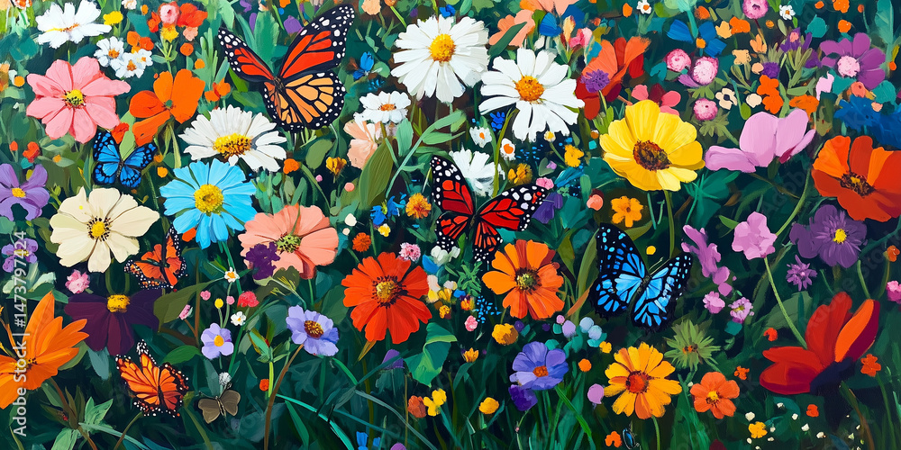 a meadow full of colorful flowers, butterflies, butterflies, ladybugs a meadow full of colorful flowers, butterflies, butterflies, ladybugs