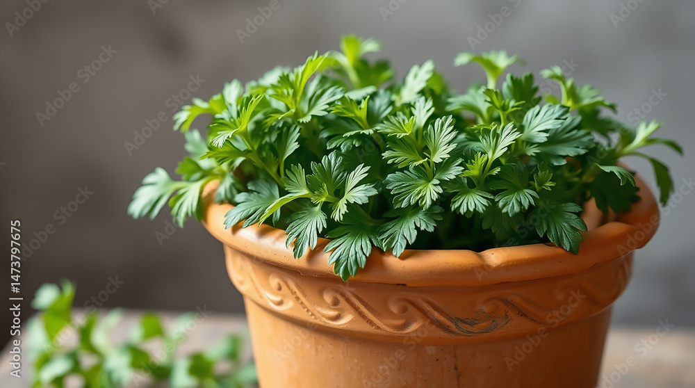 Fresh Parsley Plant in Decorative Clay Pot on Wooden Surface Fresh Parsley Plant in Decorative Clay Pot on Wooden Surface