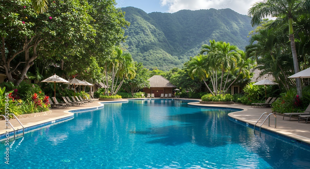 Obraz premium A luxury resort swimming pool reflects the tropical sky near palm trees, inviting summer vacation relaxation