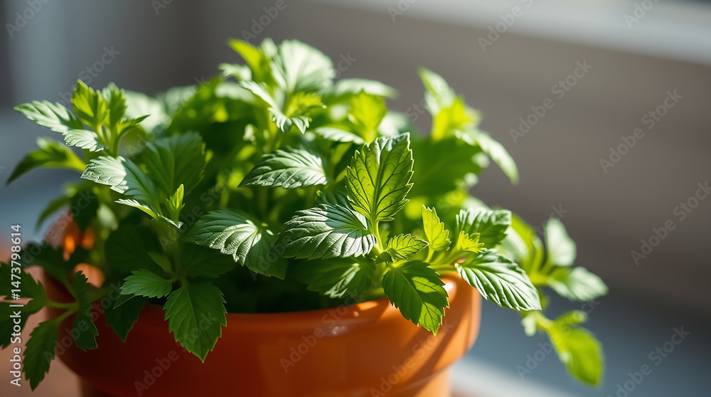 Fresh Parsley Plant in Decorative Clay Pot on Wooden Surface