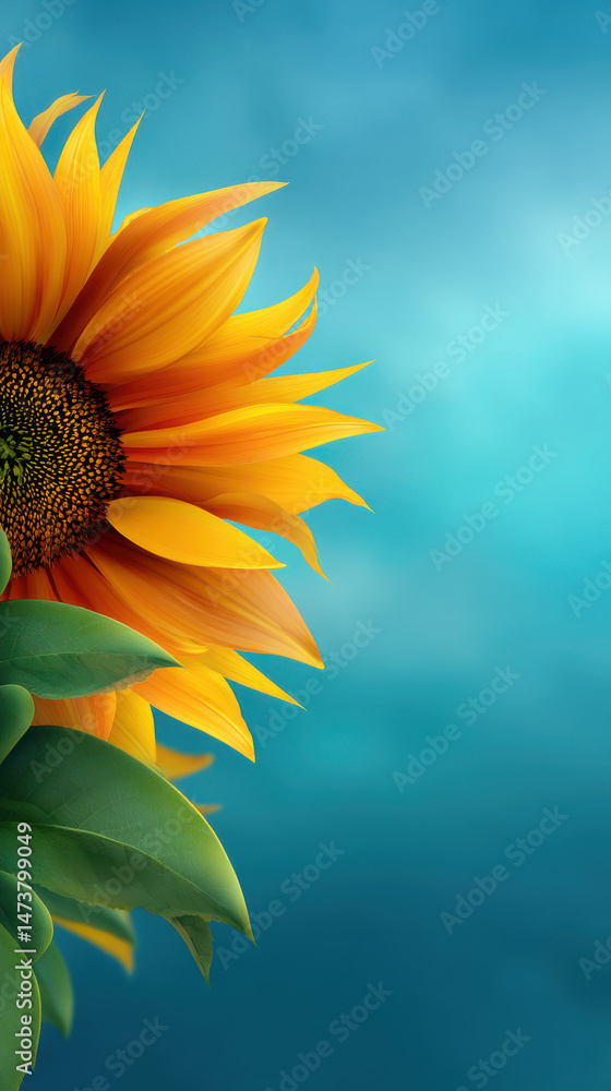 Obraz premium A stunning close-up of a vibrant yellow sunflower with green leaves set against a soft, dreamy turquoise background creates a captivating floral artwork piece.
