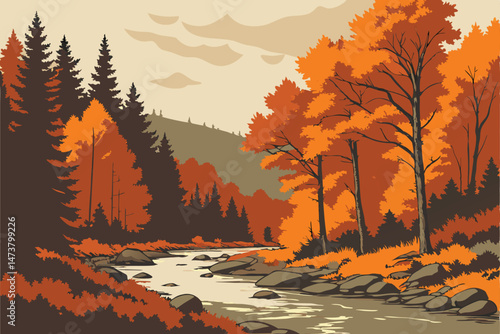 76 autumn landscape, dense forest, winding river, colorful trees, vibrant orange foliage, natural scenery, wilderness, reflective water, boulder-strewn riverbed, overcast sky, tranquil atmosphere