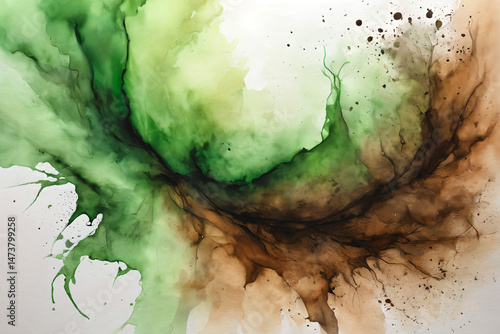 緑色と茶色の抽象的な水彩画