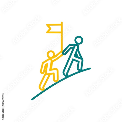 Two figures climbing a hill with a flag illustration