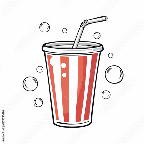 Refreshing Fizz: A refreshing drink, showcased in a striped cup with a straw, surrounded by effervescent bubbles, creating a dynamic illustration of coolness.