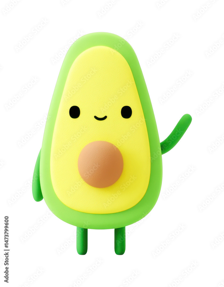 Friendly cartoon avocado character with smiling face and wave gesture, cut out - stock png. Friendly cartoon avocado character with smiling face and wave gesture, cut out - stock png.