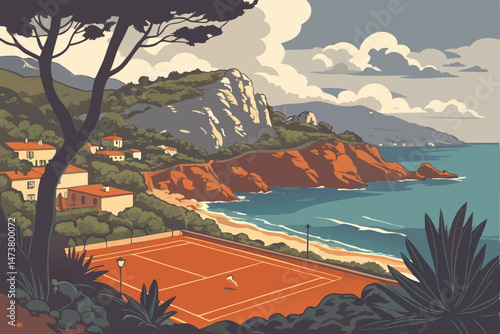 77 Picturesque coastal town, azure waters, rocky cliffs, vibrant orange tennis court, lush vegetation, idyllic Mediterranean landscape, dramatic sky with fluffy clouds, cinematic moody lighting, stunn