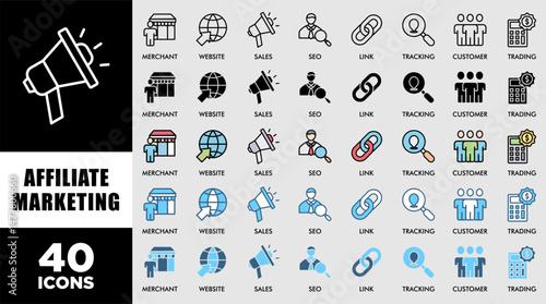 AFFILIATE MARKETING icon set with various styles and colors customer satisfaction questionnaire trading, seo, tracking, customer, link, sales, website, merchant icon live stroke