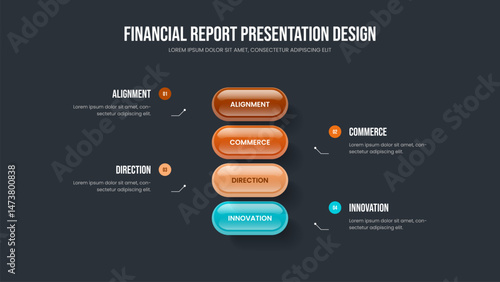 Market Review 4 Step Infographic Slideshow Design. Sales Planning Slide Template Vector Illustration. Professional Analysis Four Element Diagram Frame Layout.