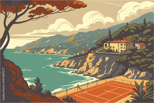77 Picturesque coastal town, azure waters, rocky cliffs, vibrant orange tennis court, lush vegetation, idyllic Mediterranean landscape, dramatic sky with fluffy clouds, cinematic moody lighting, stunn