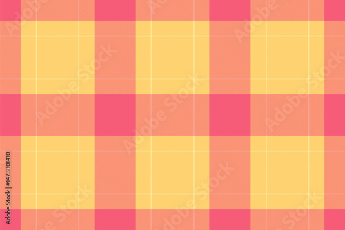 Vibrant yellow and coral plaid pattern. Perfect for textile design, website backgrounds, or cheerful branding. This seamless texture evokes warmth and summery vibes.