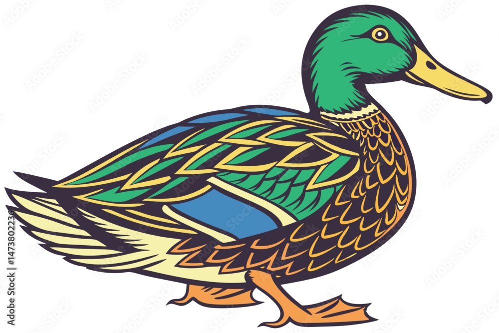 Obraz premium 78 a colorful, vibrant, and highly detailed illustration of a duck, featuring a vivid green, blue, and orange color scheme, with intricate feather patterns and textures, and a bright, expressive eye, 