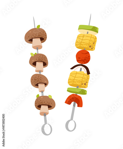 Flat vector illustration of grilled skewers with vegetables and mushrooms. Ideal for BBQ, picnic, or summer food concepts.