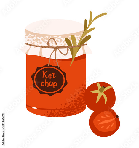 Ketchup with fresh tomatoes and herbs. Element for food, BBQ, and kitchen-themed compositions. Flat vector illustration.