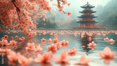 Peach blossoms fall gently onto the surface of a tranquil, jade pond, creating ripples that disturb the reflection of a nearby, pagoda-style structure with a sapphire roof