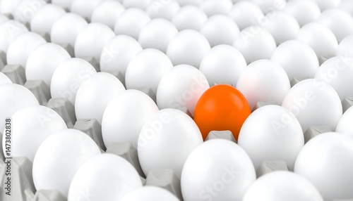 One Orange Egg Among Many White Eggs in a Carton