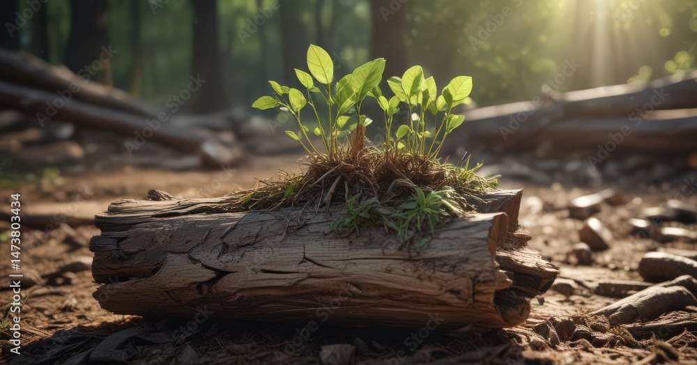 Fototapeta premium New sapling sprouts from decaying log, sunlight filtering through leaves, rebirth, decay, spring