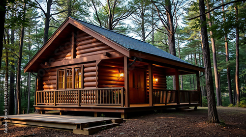 Cozy Log Cabin in a Serene Forest Surrounded by Lush Green Trees