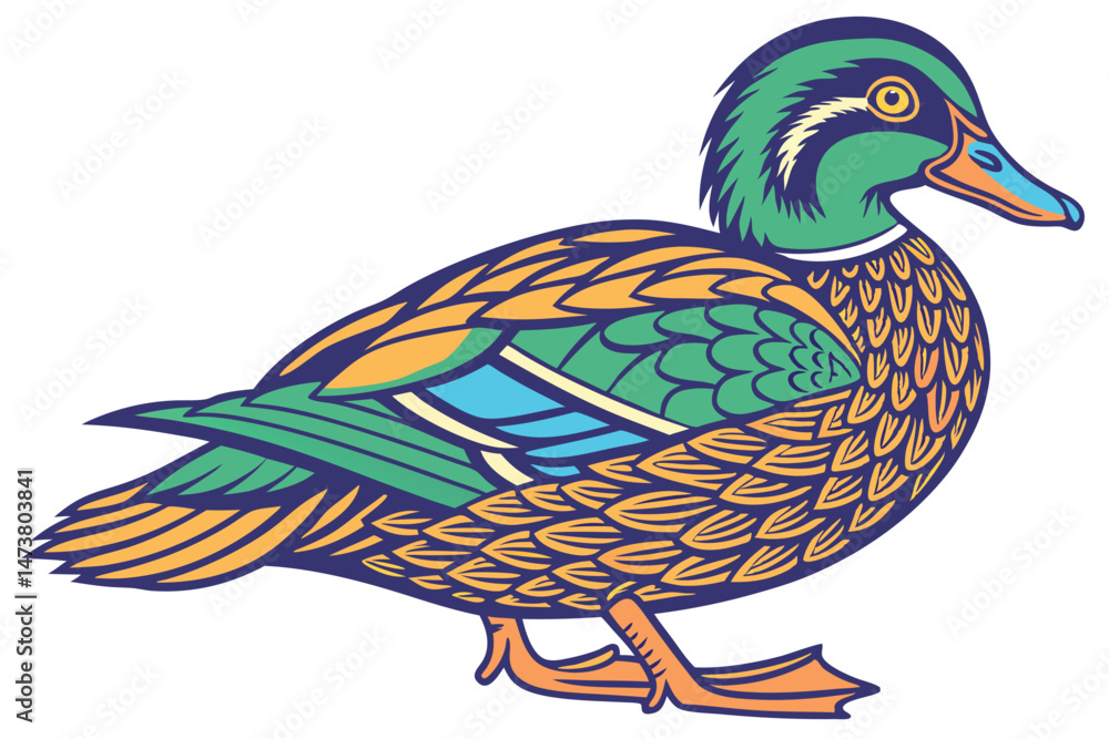 Fototapeta premium 78 a colorful, vibrant, and highly detailed illustration of a duck, featuring a vivid green, blue, and orange color scheme, with intricate feather patterns and textures, and a bright, expressive eye, 