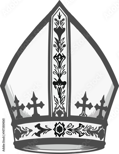 Intricate Black and White Vector of a Catholic Bishop Mitre with Crosses and Ornamental Embellishments – Traditional Ecclesiastical Headwear Illustration