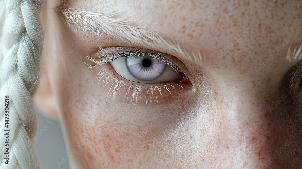 Obraz premium Close-up of an albino person with pale lavender eyes and white hair in a braid. 