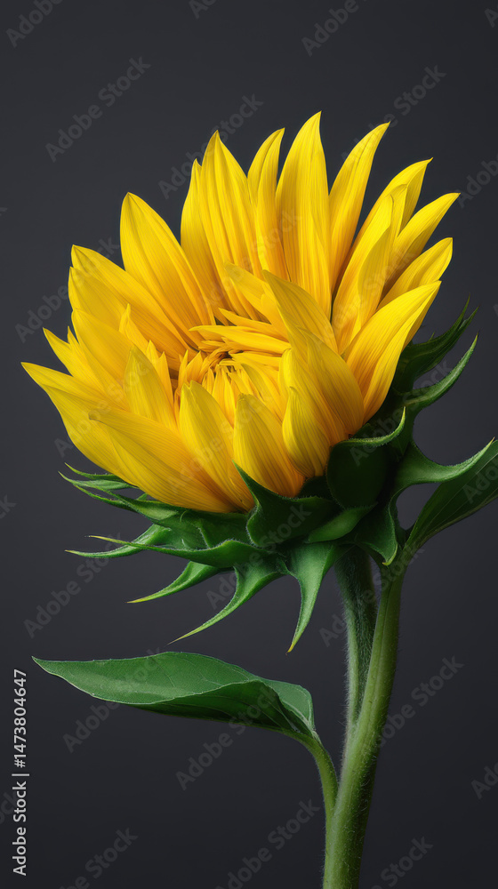 Fototapeta premium A brightly lit sunflower with golden yellow petals gracefully unfurls against a dark gray background, showcasing the beauty and elegance of nature's design.