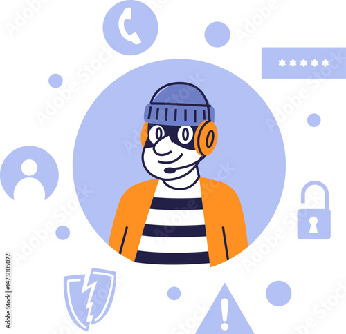 Vector Concept of Fake Support Agent Hacker Surrounded by Warning Signs – Online Scam Alert