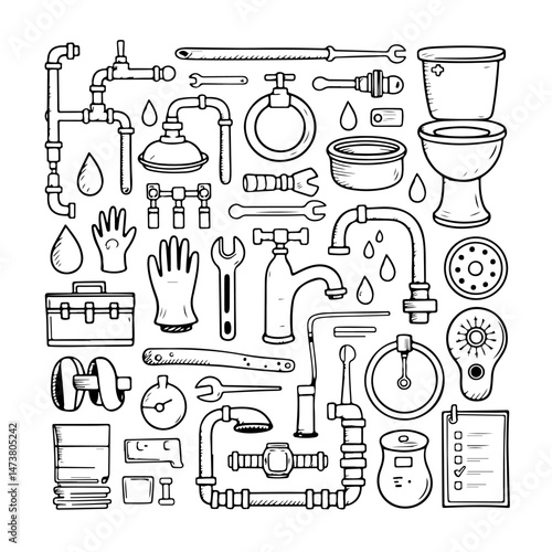 Set of plumbing doodle on white background. Hand drawn abstract doodle isolated on white background.