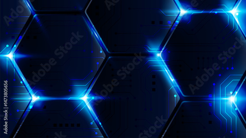 Futuristic hexagon pattern with glowing blue light technology background