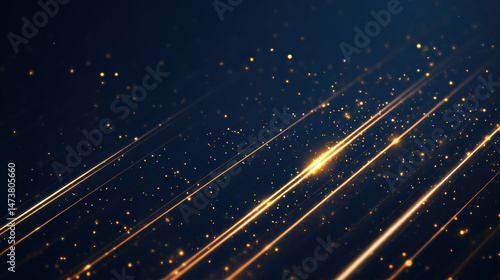 Dark blue golden light streaks background with glowing particles, elegant and luxurious mood