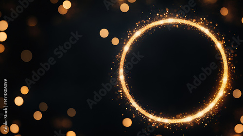 Gold circle frame and golden light on sparkle abstract background, festive mood