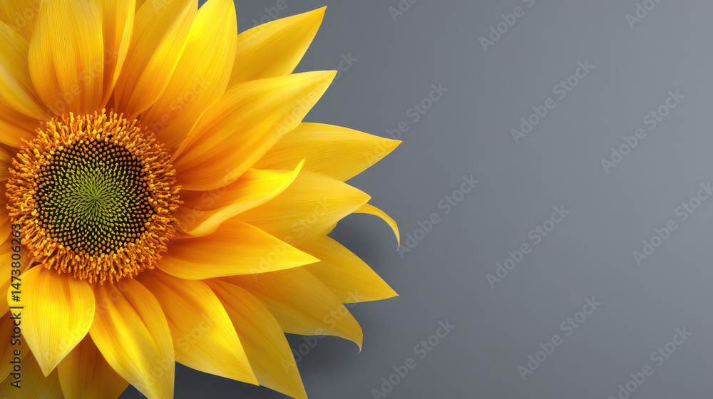 Obraz premium A vibrant yellow sunflower blossom with delicate petals and a textured center is beautifully contrasted against a smooth gray background providing ample copy space.