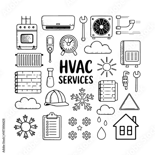 Set of HVAC doodle on white background. Hand drawn abstract doodle isolated on white background.