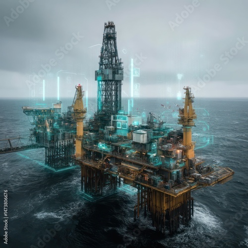 A futuristic oil rig powered by AI technologies monitors operations for maximum efficiency.