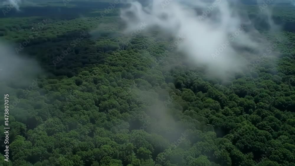 Aerial View Of A Dense Green Forest Canopy with White Fog Patches on Overcast Sky Background with Scenic Beauty Aerial View Of A Dense Green Forest Canopy with White Fog Patches on Overcast Sky Background with Scenic Beauty