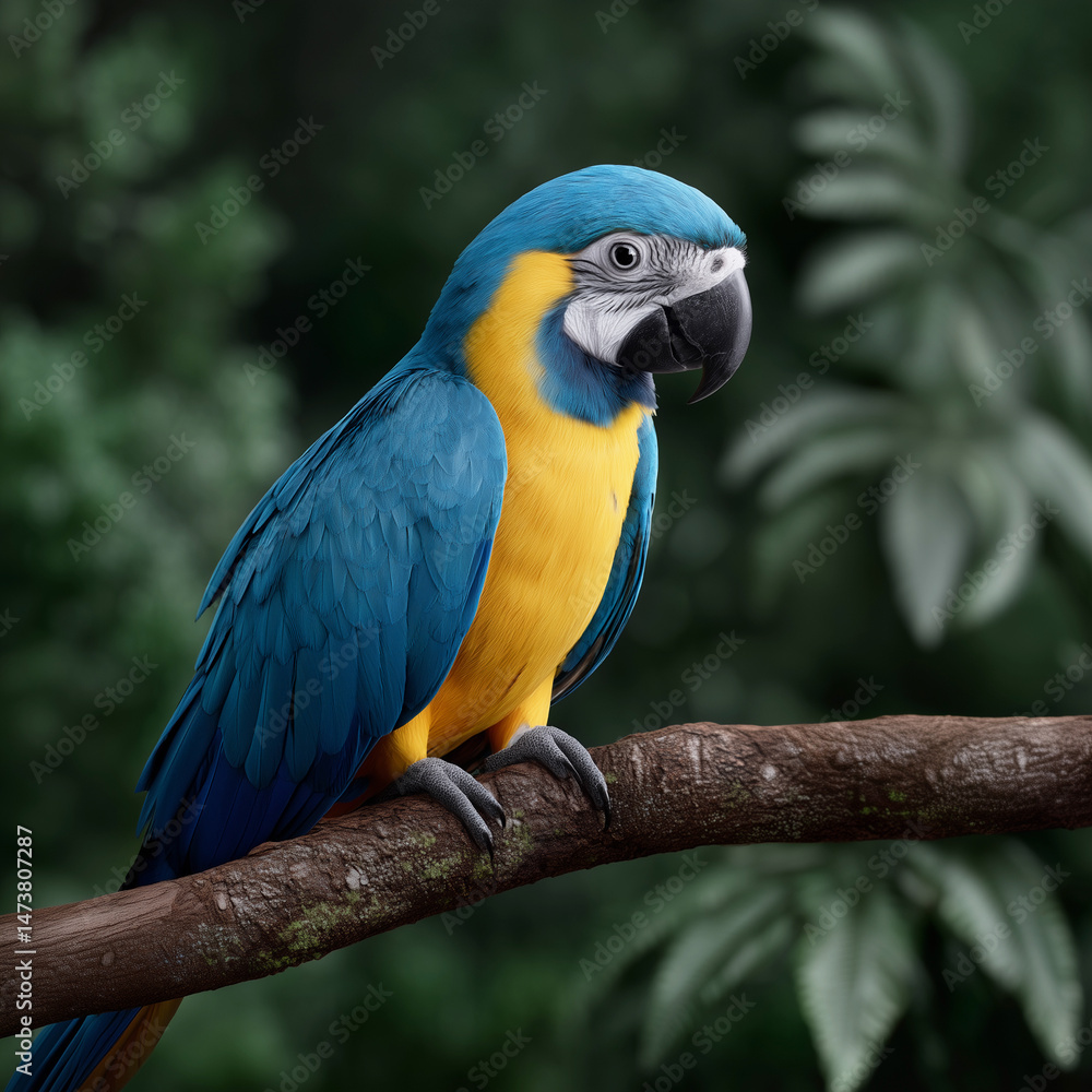 Fototapeta premium A blue and yellow parrot is perched on a branch