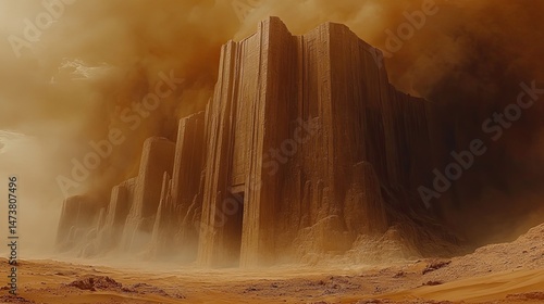 Rust-colored dust storms sweep across a barren planet, obscuring the view of strange, geometric formations that rise from the cracked and desolate surface