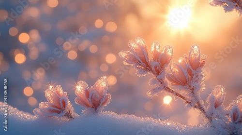 Sapphire crystals grow on the branches of a frost-covered tree, sparkling in the winter sunlight, a feeling of icy beauty and the magic of winter